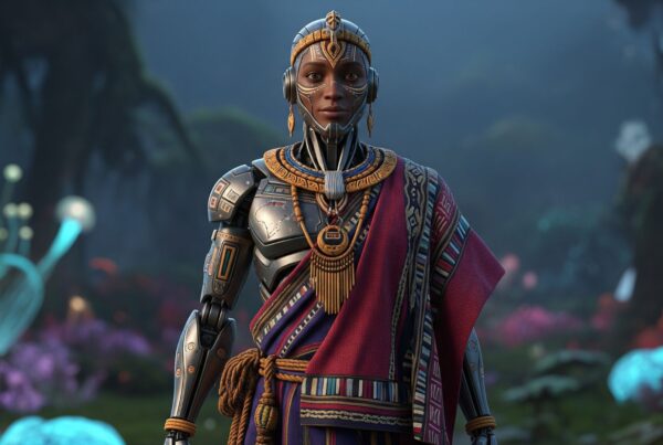 AI privacy risks: A futuristic humanoid robot with African-inspired tribal attire and jewellery, standing confidently in a vibrant alien-like landscape with glowing plants and blurred natural features in the background.