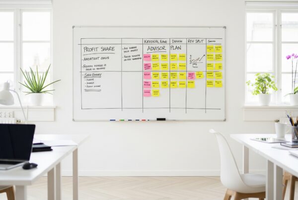 Employee incentives that scale with success: Whiteboard in a modern office workspace displaying sticky notes and headings like “Profit Share”, “Advisor Plan”, and “Rev Split”, with laptops and plants in the foreground.