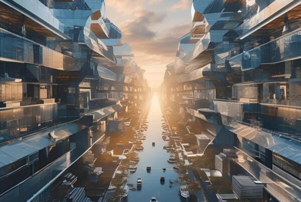 Overlooked privacy risks in AI adoption for African businesses: Futuristic cityscape with reflective glass buildings flanking a narrow waterway filled with small floating objects, illuminated by the warm light of a setting sun.