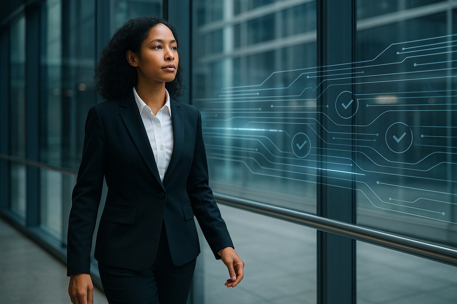 Outsourced DPO service: A confident professional in a sleek black suit walks through a modern glass office building with digital compliance checkmarks overlayed on the wall, symbolising trust, speed, and authority.