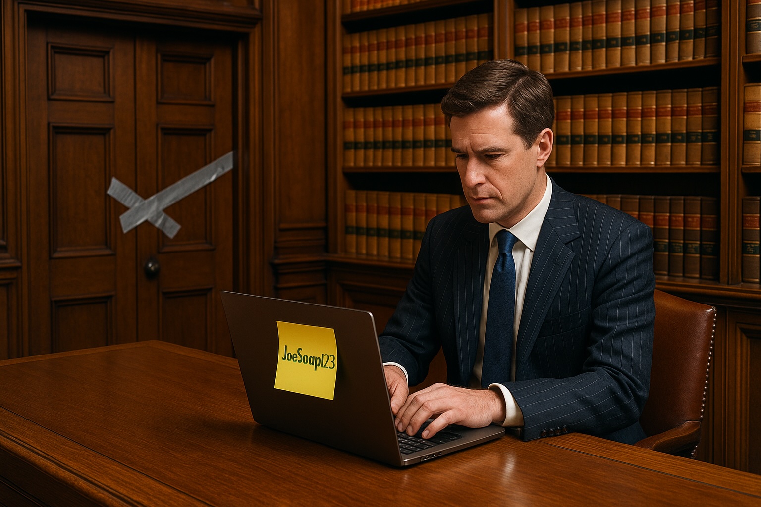 Cybersecurity Awareness Month: A traditional law office with impressive bookshelves, but laughably weak security—a taped door and a sticky-note password—highlighting lawyers as the weak link in cybersecurity.
