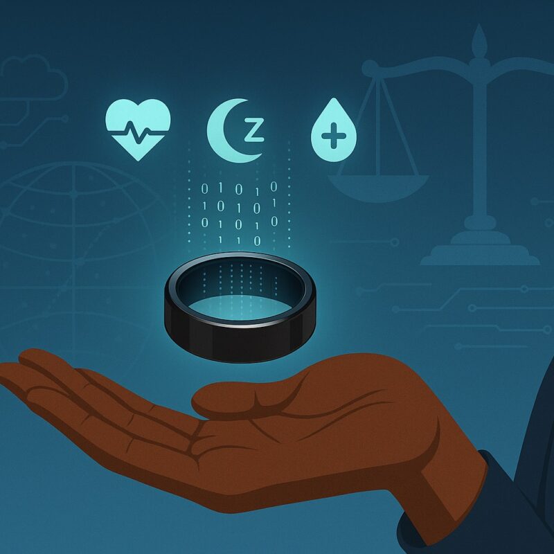 Wearable health technology: A digital illustration of a smart ring hovering above the outstretched hand of a brown-skinned woman, with glowing icons for heart rate, sleep, and blood glucose floating above, against a backdrop of justice scales, a globe grid, and circuitry.