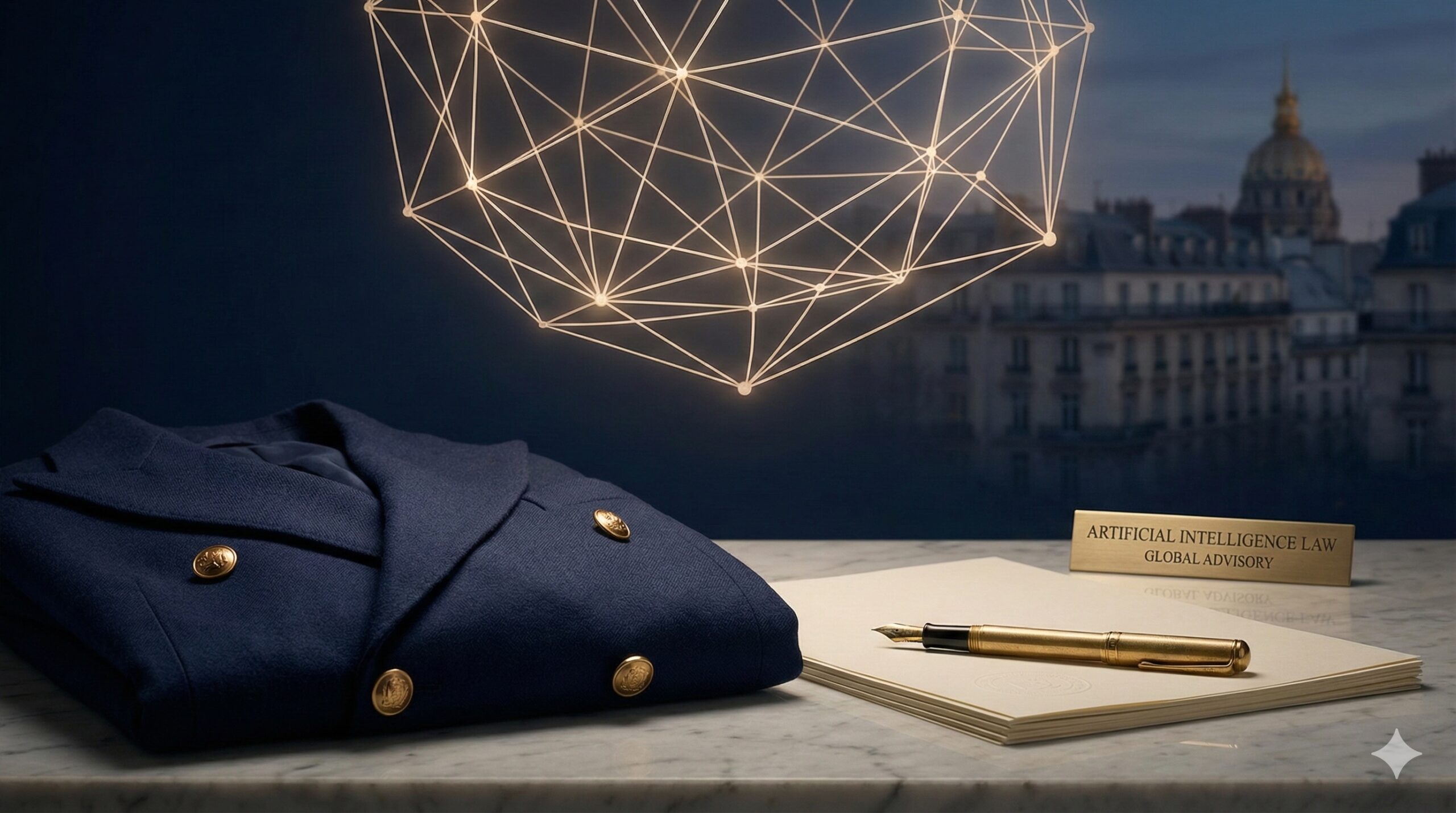 Midnight-navy double-breasted blazer with gold buttons placed beside legal documents and a gold fountain pen on marble, with a glowing geometric AI network hovering above and a Parisian skyline in the background, representing ITLawCo’s AI Law and global advisory practice.