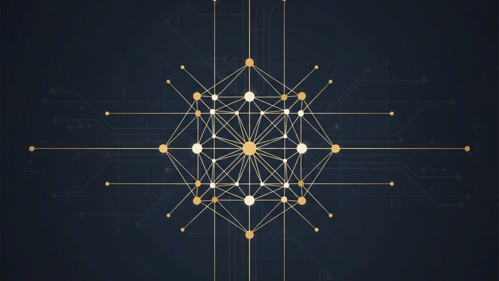 AI regulation in South Africa: Abstract network of gold and champagne lines forming a structured governance pattern on a deep navy background, symbolising AI oversight, regulation, and responsible intelligence in South Africa.