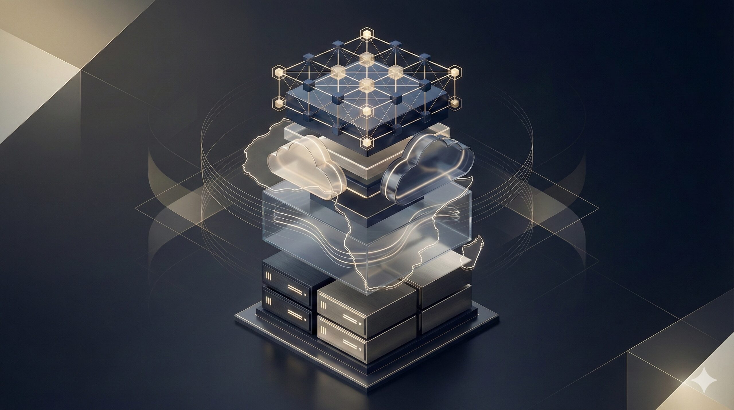 Layered computing architecture showing on-premise servers, cloud environments, an abstract quantum grid, and a subtle outline of Africa, representing computing law, cloud governance, and data sovereignty in South Africa and the broader African region.