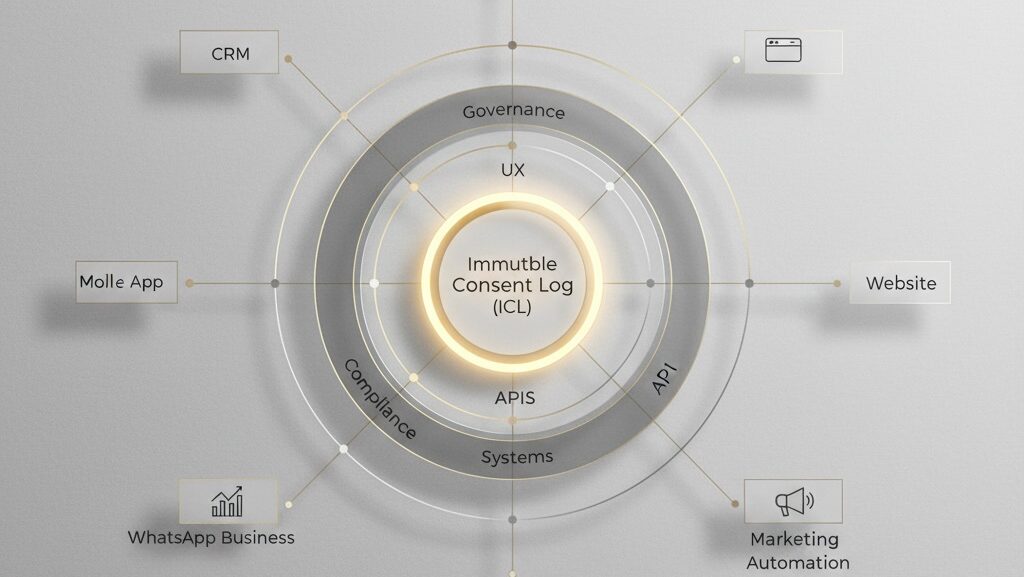 Enterprise architecture diagram showing a Consent Management Framework with a central Immutable Consent Log and connected systems