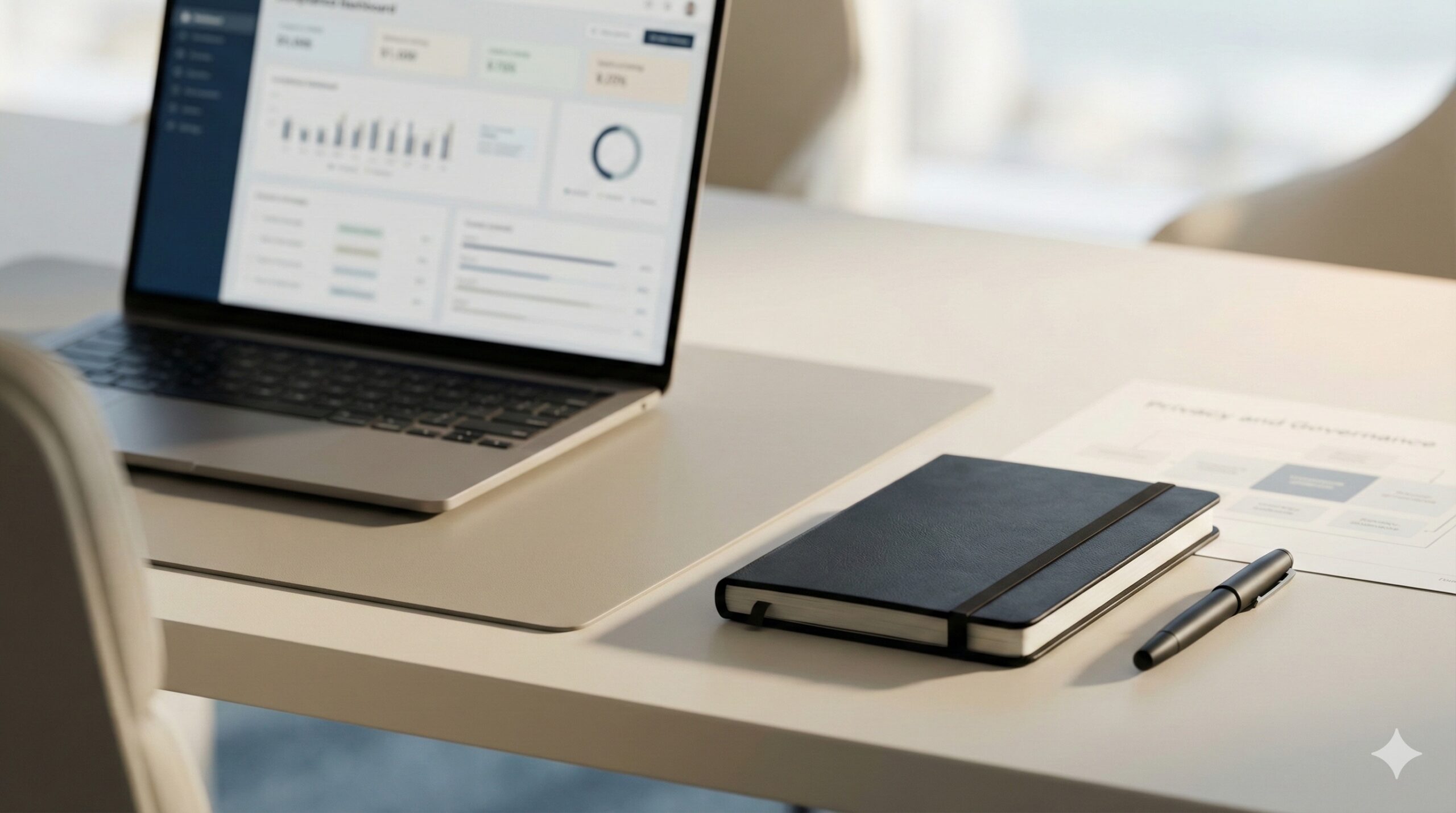 A minimalist executive workspace with a laptop displaying a blurred compliance dashboard, a black notebook, and a pen arranged neatly on a clean desk, representing strategic data protection and privacy governance.