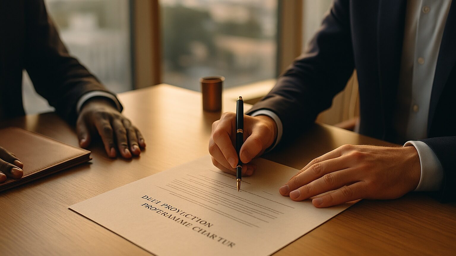Executives signing a data protection programme charter on linen paper in a sunlit boardroom, symbolising trust, authority, and ethical governance.