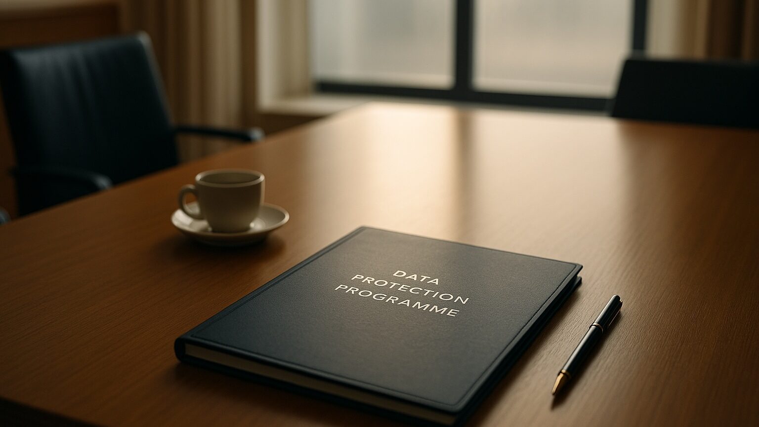 A minimalist executive boardroom in navy and champagne tones with a leather folder titled “Data Protection Programme” beside a pen and coffee cup, symbolising governance, trust, and accountability.