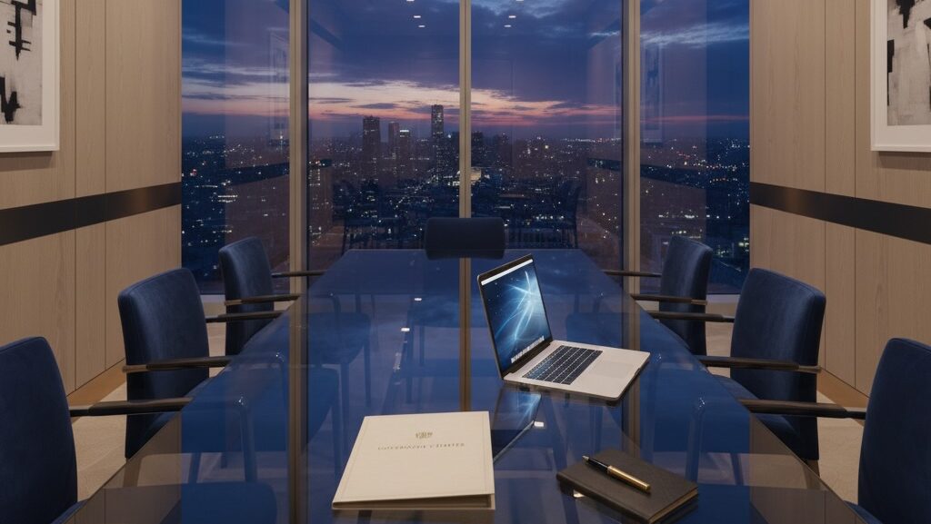 Elegant executive boardroom at dusk overlooking a city skyline, symbolising board-level IT governance, strategic alignment, and digital trust.