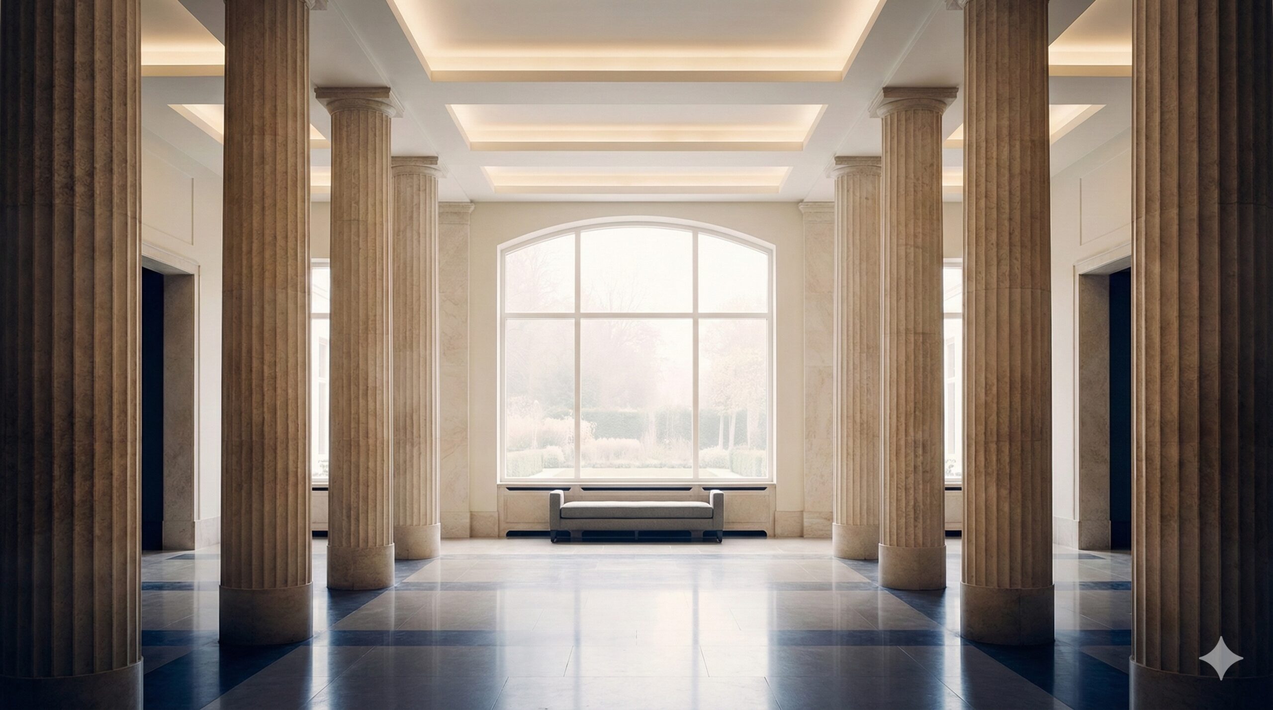 Symmetrical marble-column interior with soft natural light and clean architectural lines, conveying structure, stability, and trust for ITLawCo’s Trust Centre.