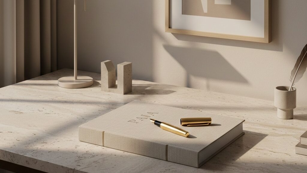 PAIA fees for private bodies: A linen-bound PAIA manual resting on a stone-textured desk, accompanied by a gold fountain pen and surrounded by soft architectural shadows in a minimal, neutral-toned workspace.