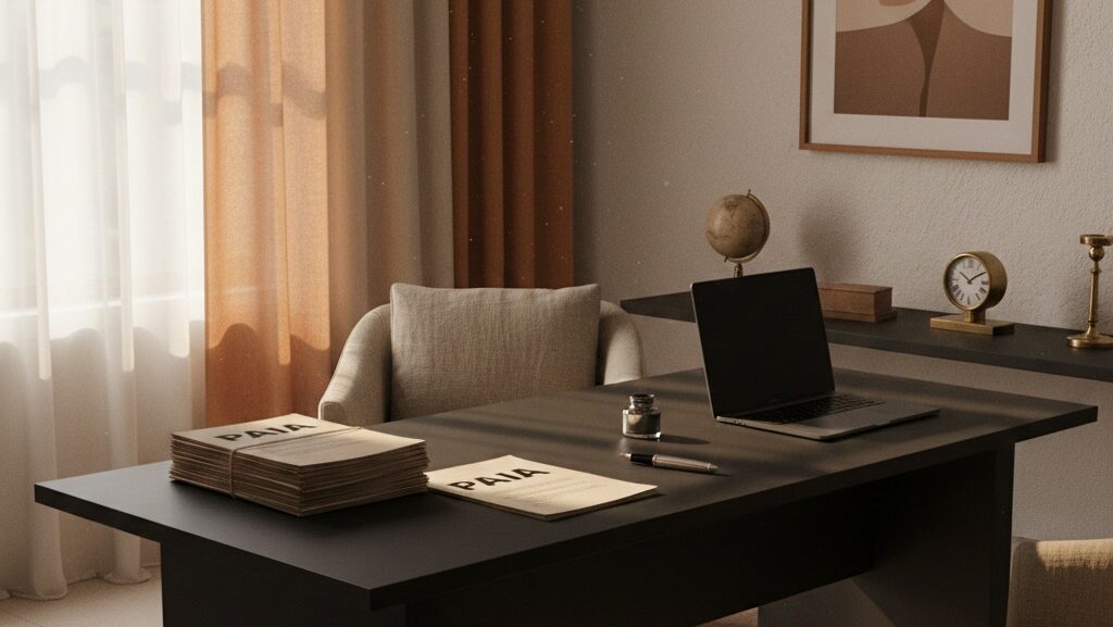 A refined, sunlit governance workspace featuring PAIA documents on a matte black desk, with a neutral armchair, laptop, and minimalist décor — reflecting structured PAIA compliance for South African organisations.