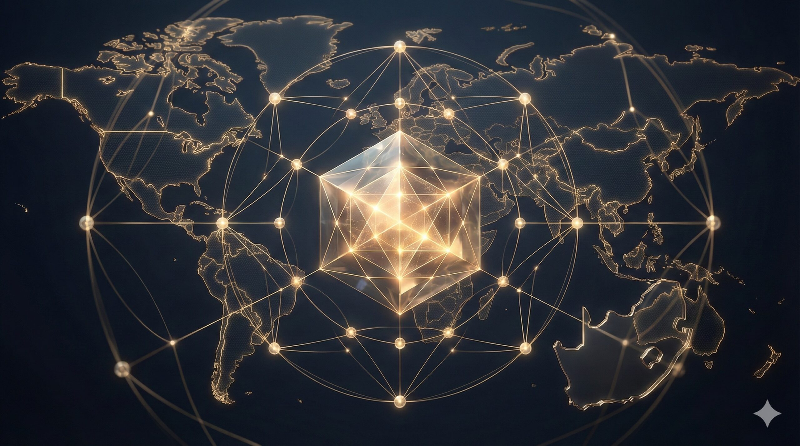 Abstract digital governance image showing a geometric illuminated data core at the centre of a global network map, representing POPIA compliance, cross-border data flows, and secure information governance.