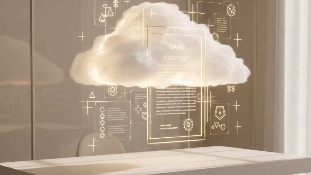 A minimalist hero image showing a softly glowing cloud above a clean architectural desk, with holographic SaaS contract elements and golden interface lines symbolising cloud governance and digital legal frameworks.