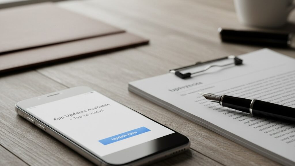 Software law: Smartphone on a desk showing an app update notification next to legal documents and a pen.