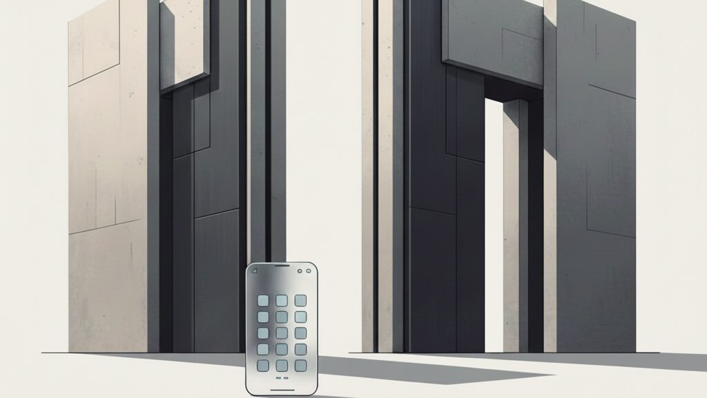 Abstract illustration showing a small mobile app interface facing two large, architectural gate structures, representing the power and control of app store platforms over app distribution and monetisation.