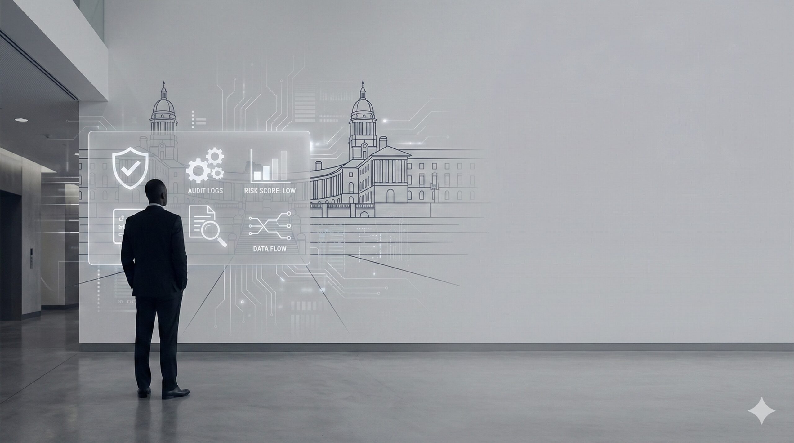 Senior public-sector official standing before a digital compliance dashboard overlaying a government building, symbolising ICT governance and audit oversight in South Africa.