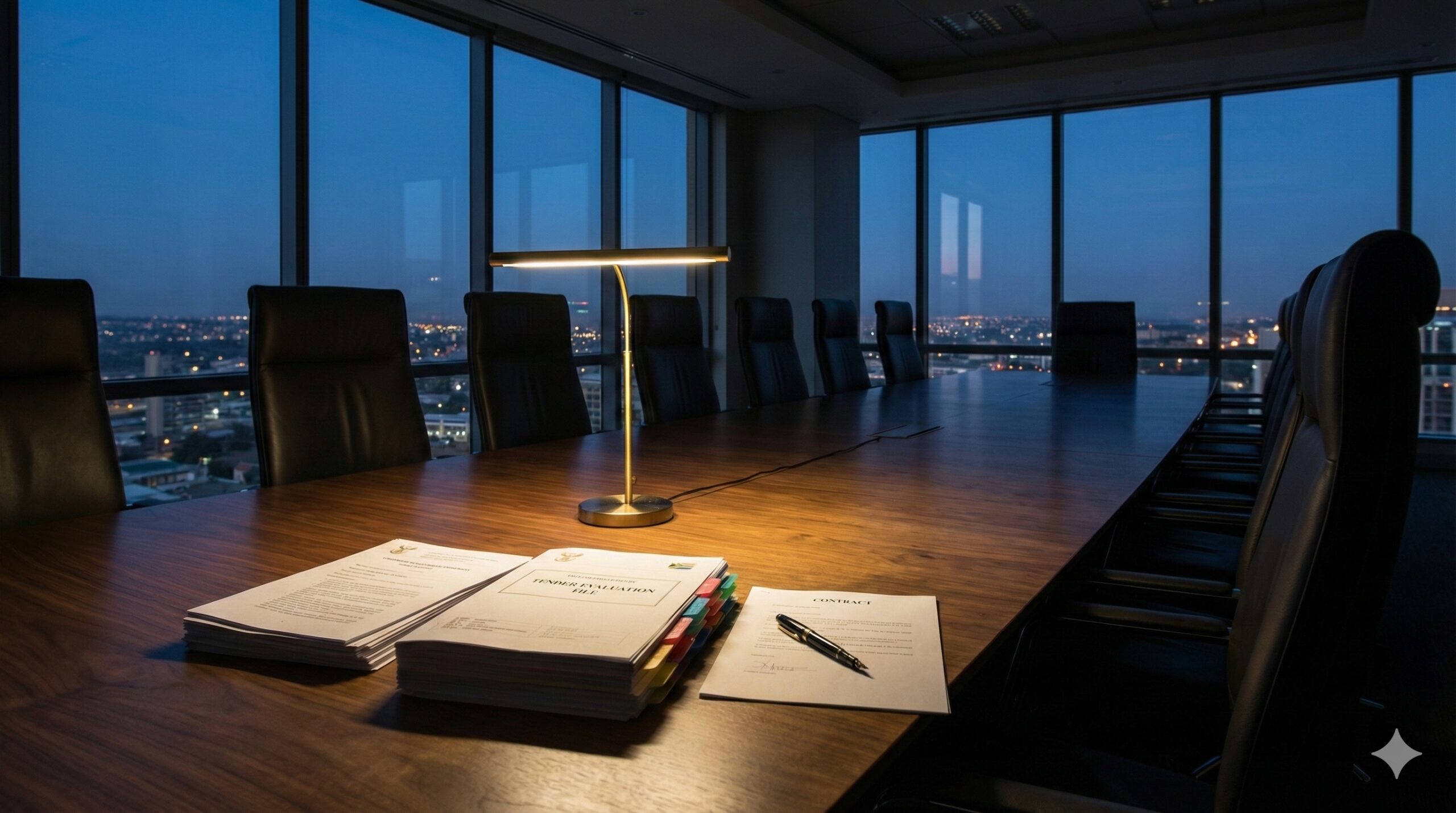 PRECCA tender and procurement corruption risk illustrated through an empty executive boardroom with government tender documents, signed contract and brass desk lamp at dusk.