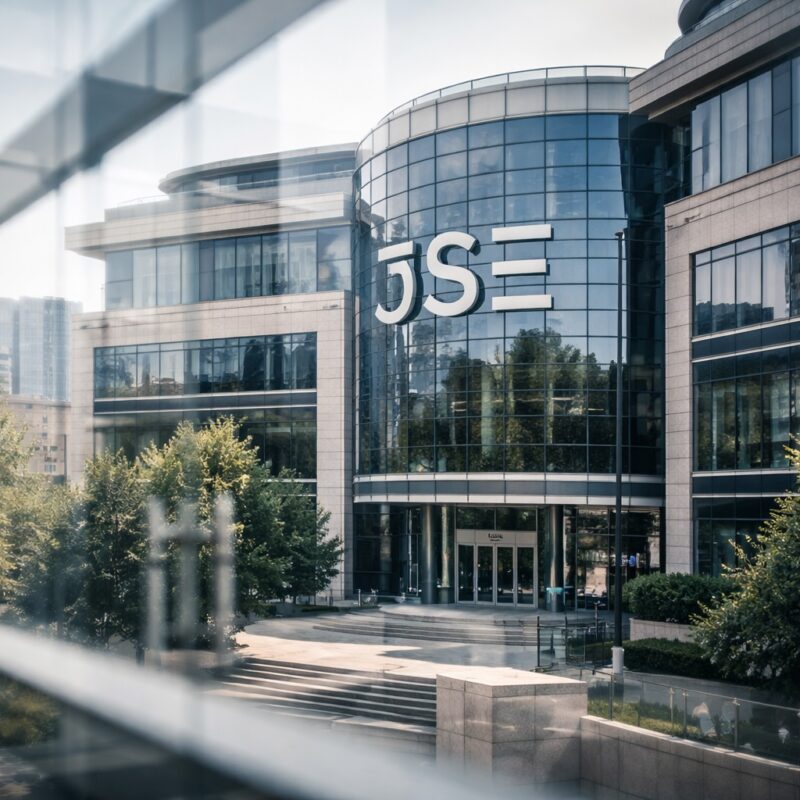 Johannesburg Stock Exchange building in Sandton viewed through glass, illustrating regulatory transparency and market oversight following the Information Regulator’s enforcement notice.