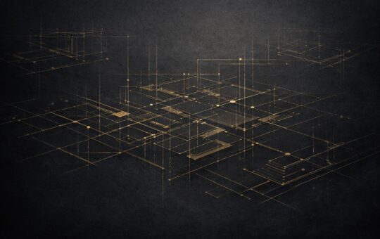 Abstract architectural blueprint lines in gold on a dark background, representing structured accountability and data governance.