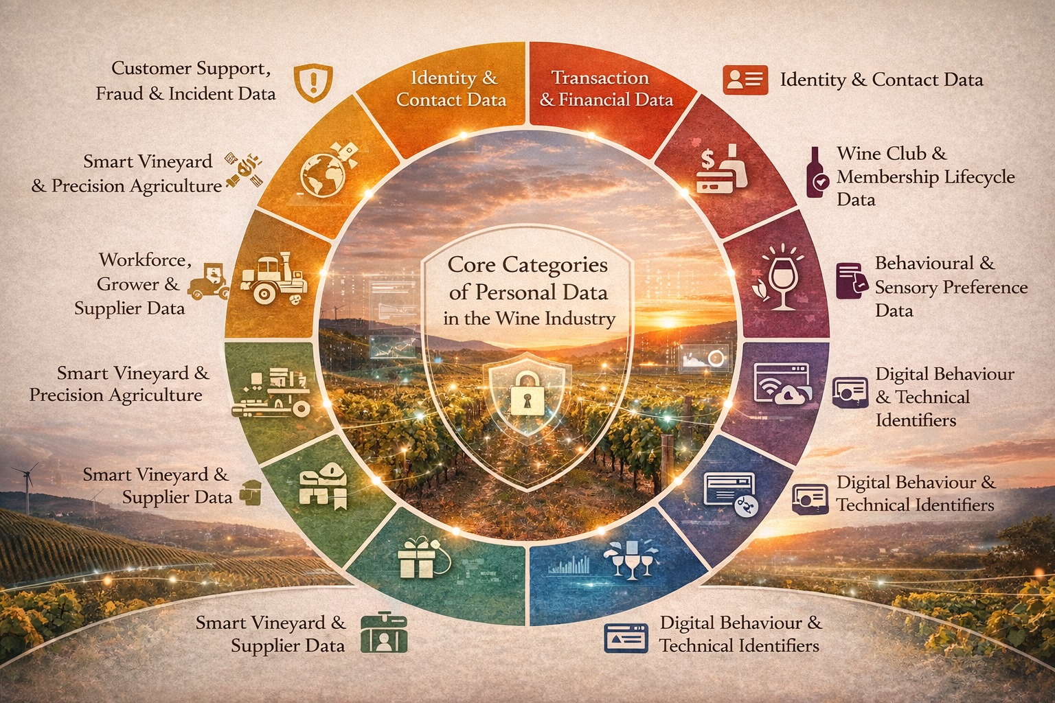 Core categories of personal data in the wine industry diagram showing identity, transaction, wine club, behavioural, digital, hospitality, workforce, smart vineyard, and customer support data within a modern data governance framework.