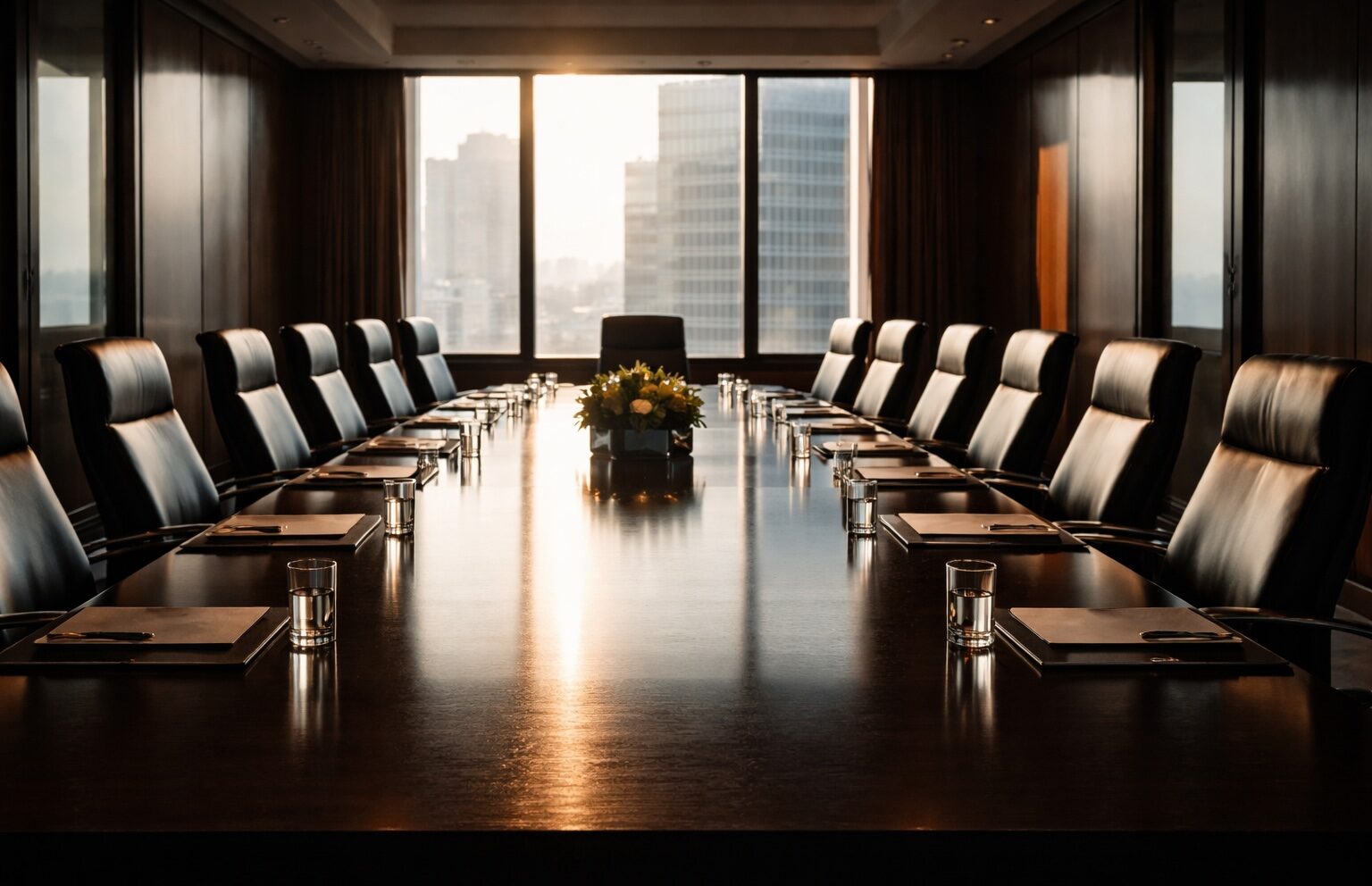 Empty executive boardroom with a long polished wooden table, black leather chairs and natural light from large windows overlooking a city skyline, symbolising board-level accountability and governance readiness.