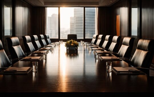 Empty executive boardroom with a long polished wooden table, black leather chairs and natural light from large windows overlooking a city skyline, symbolising board-level accountability and governance readiness.