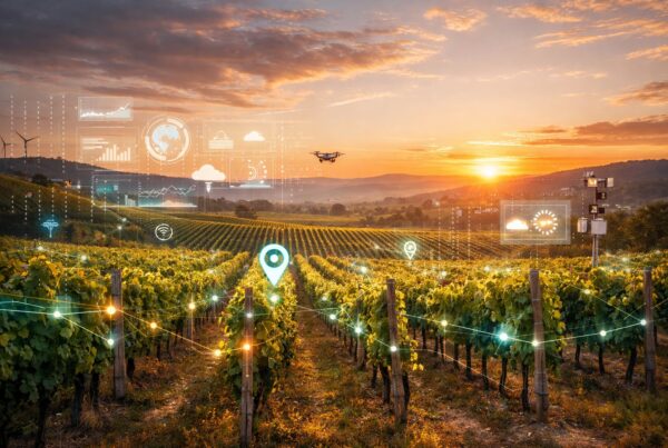 Smart vineyard landscape with digital data overlay representing personal data in the wine industry, including winery customer data, precision viticulture, and data governance.