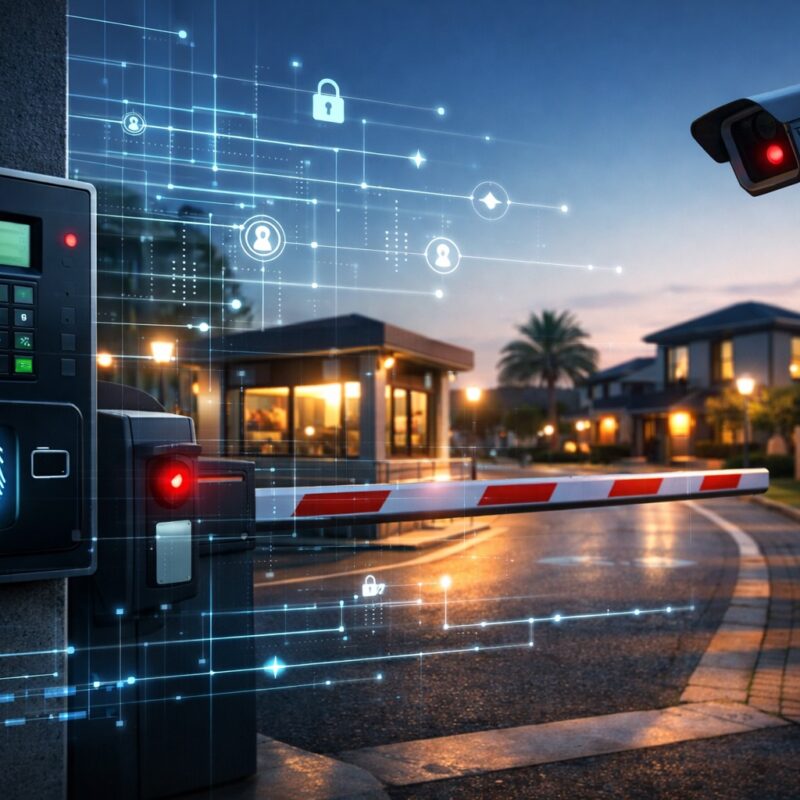 Modern gated community security entrance with biometric access and CCTV representing regulated personal information processing under South Africa POPIA Code of Conduct for gated access.
