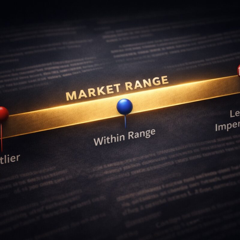 Market range in contract negotiations showing outlier, within range, and legally impermissible positions on a risk allocation spectrum