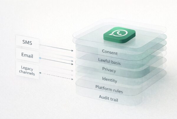 Diagram showing customer communications migrating from SMS and email into a governed WhatsApp environment with layered controls including consent, lawful basis, privacy, identity verification and platform governance.