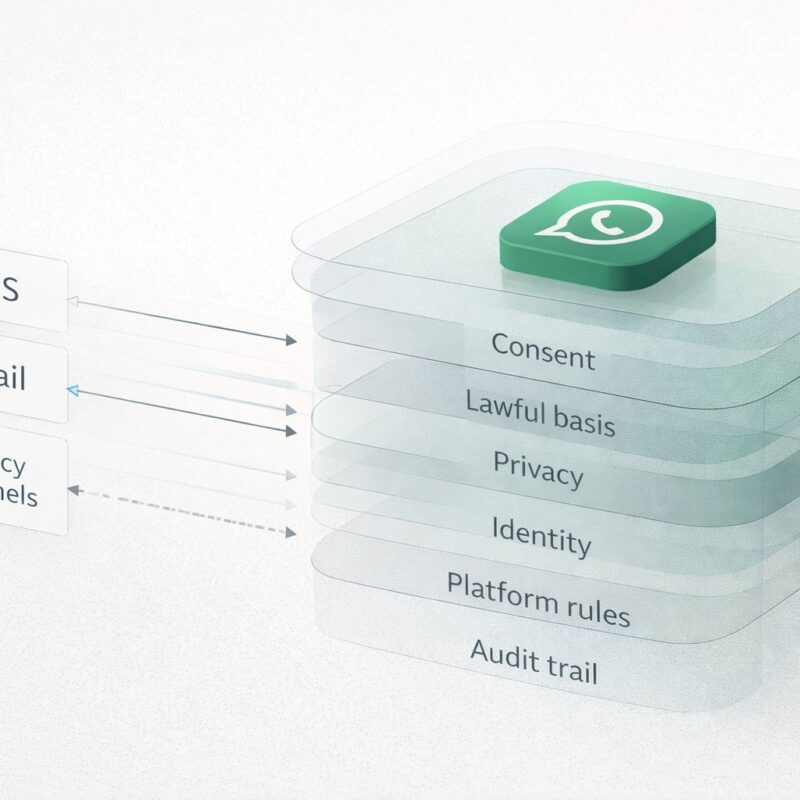 Diagram showing customer communications migrating from SMS and email into a governed WhatsApp environment with layered controls including consent, lawful basis, privacy, identity verification and platform governance.
