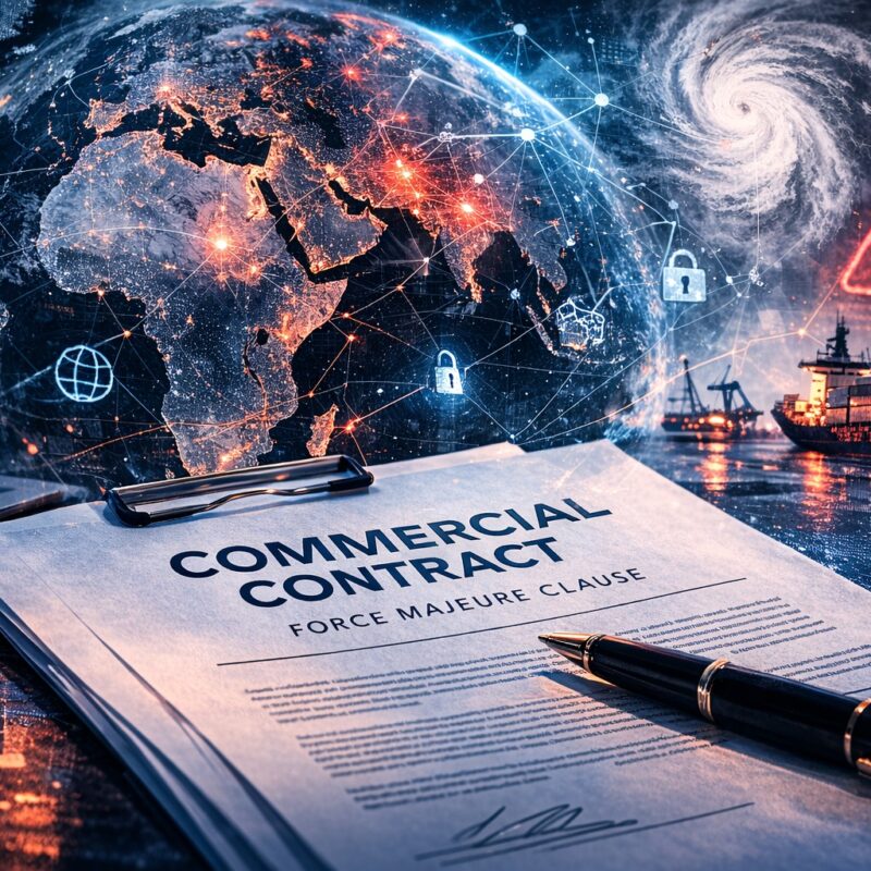 Digital illustration of a commercial contract with a global network map, storm imagery, and supply-chain disruption icons representing force majeure risks in international contracts.