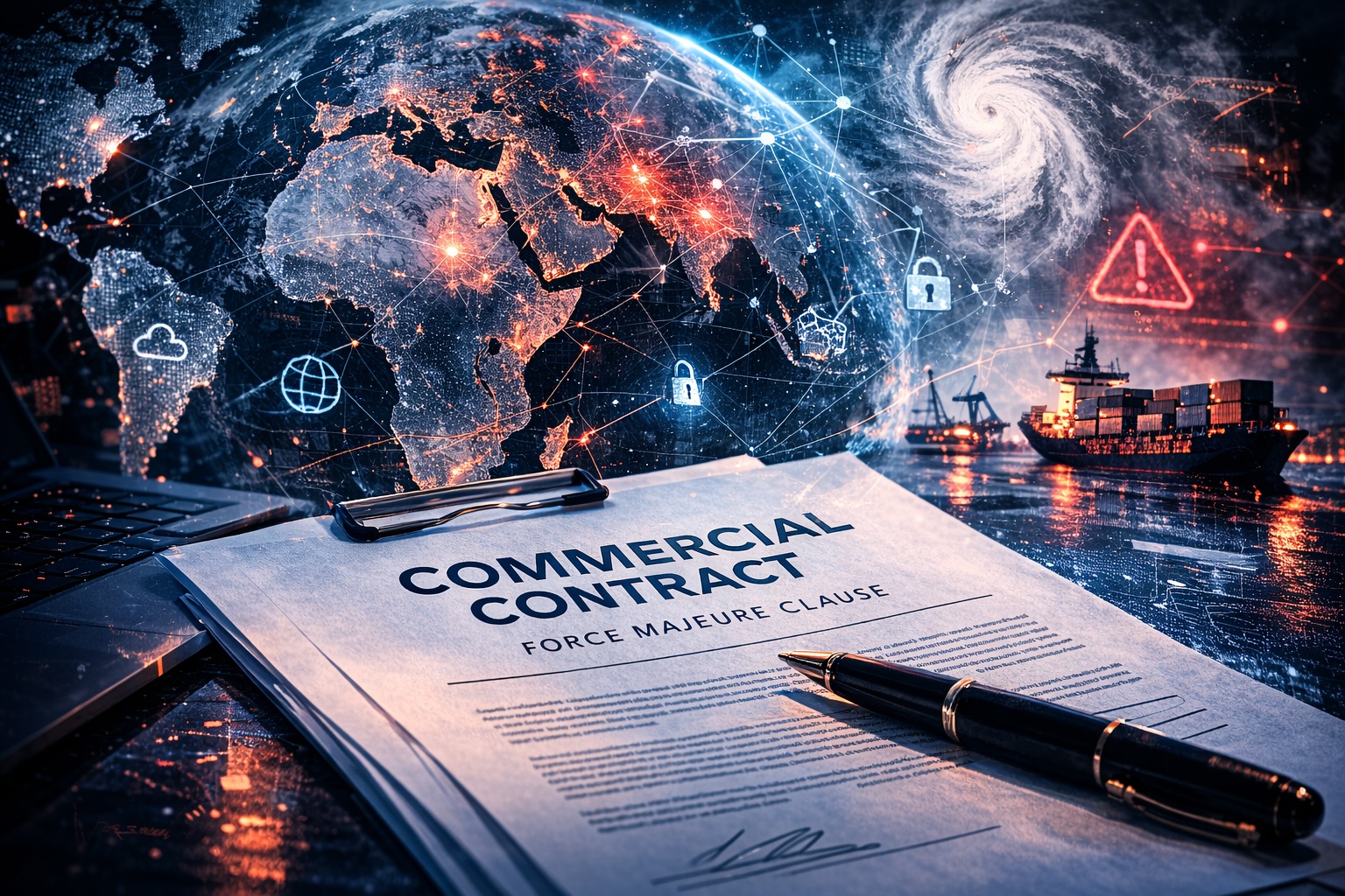 Digital illustration of a commercial contract with a global network map, storm imagery, and supply-chain disruption icons representing force majeure risks in international contracts.
