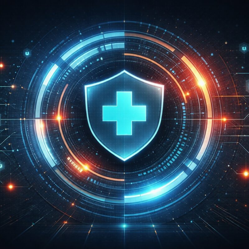 Abstract illustration of health data protection and governance under South Africa’s POPIA, featuring a secure medical shield and digital compliance network.
