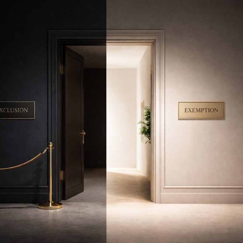 POPIA exclusions and exemptions: Two adjacent rooms photographed side by side: on the left, a dark wall with a gold-placard reading "Exclusion" and a velvet rope barrier; on the right, a bright, open corridor with a gold plaque reading "Exemption" and an ajar door spilling warm light.