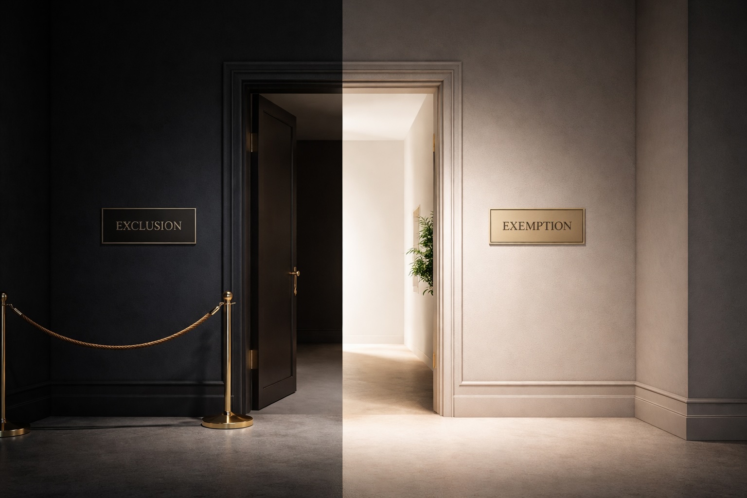 POPIA exclusions and exemptions: Two adjacent rooms photographed side by side: on the left, a dark wall with a gold-placard reading "Exclusion" and a velvet rope barrier; on the right, a bright, open corridor with a gold plaque reading "Exemption" and an ajar door spilling warm light.