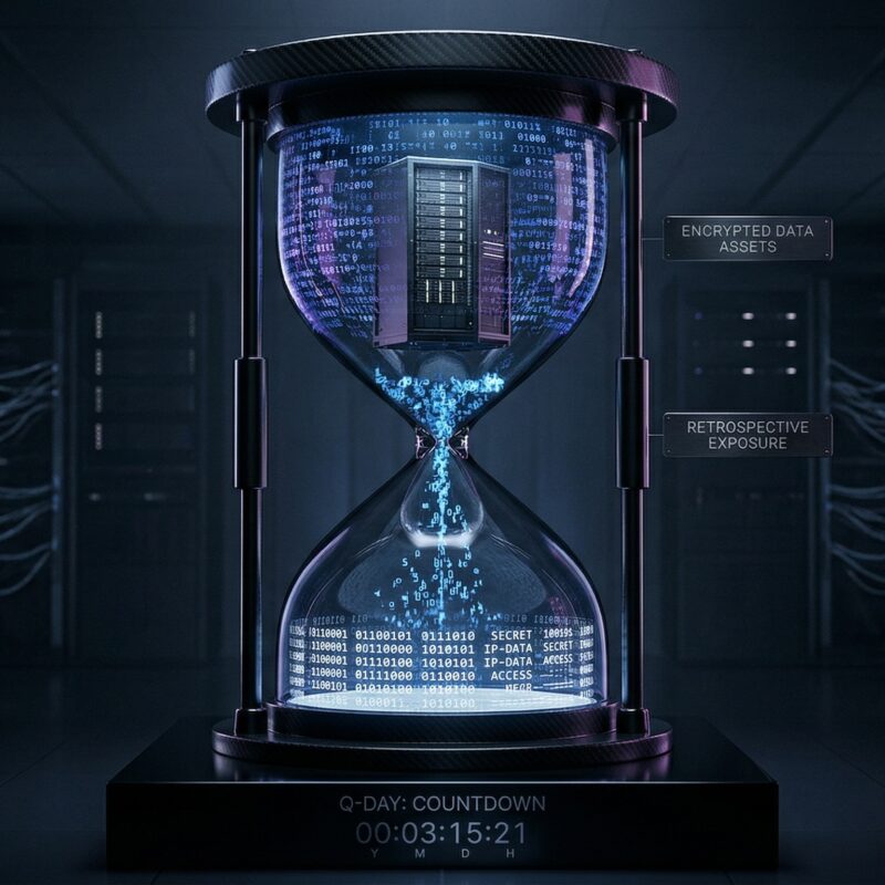 A high-tech digital server rack encased inside a large, sleek hourglass, symbolizing the "harvest now, decrypt later" quantum threat. The sand at the top consists of encrypted code, which transitions into clear, readable data as it falls to the bottom, representing the eventual decryption on Q-Day.