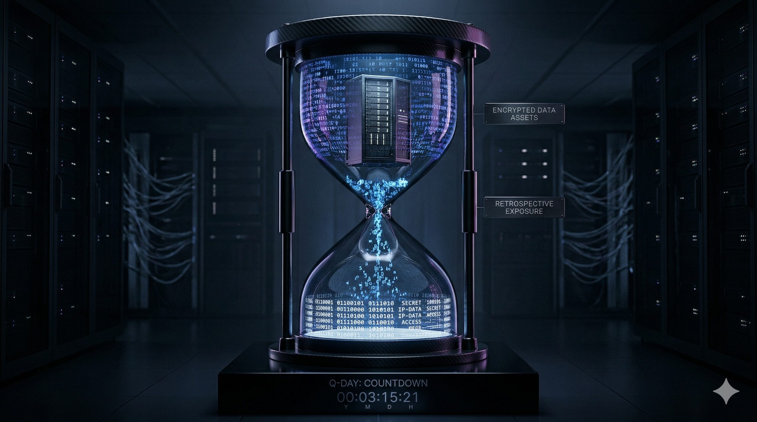 A high-tech digital server rack encased inside a large, sleek hourglass, symbolizing the "harvest now, decrypt later" quantum threat. The sand at the top consists of encrypted code, which transitions into clear, readable data as it falls to the bottom, representing the eventual decryption on Q-Day.