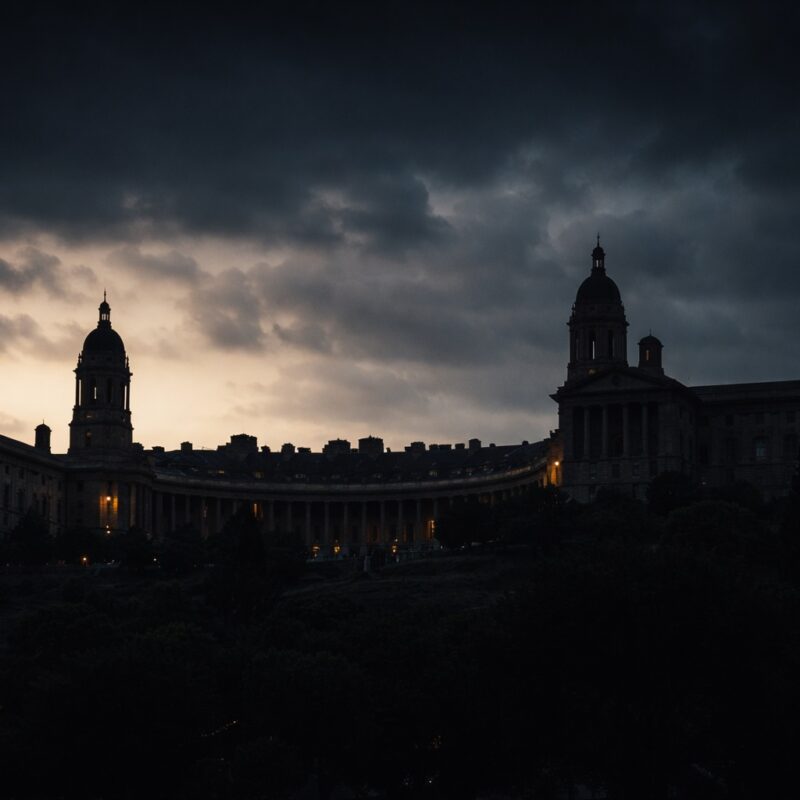 POPIA national security exclusion: The Union Buildings, Pretoria, photographed at dusk against a stormy sky, the twin towers and curved colonnade in near-silhouette with warm artificial light glowing from within the structure.