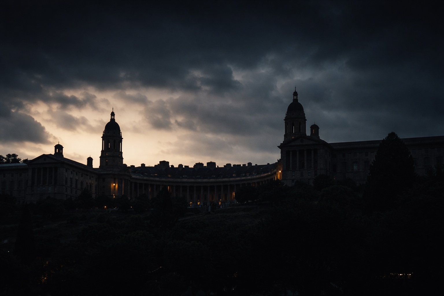 POPIA national security exclusion: The Union Buildings, Pretoria, photographed at dusk against a stormy sky, the twin towers and curved colonnade in near-silhouette with warm artificial light glowing from within the structure.