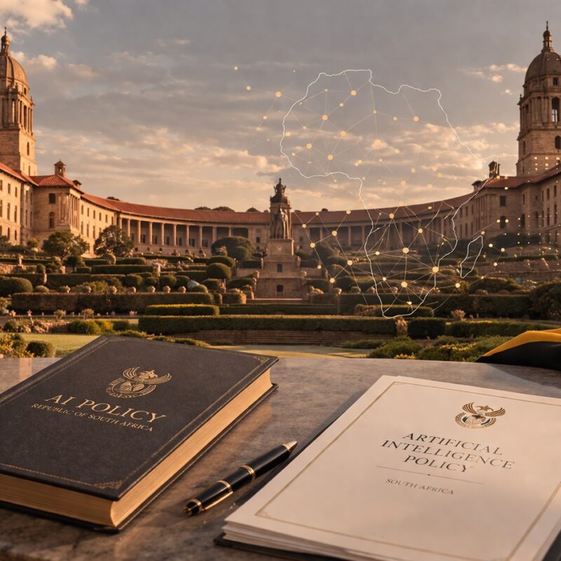 The Union Buildings in Pretoria with South Africa's draft AI policy documents and national flag in the foreground.