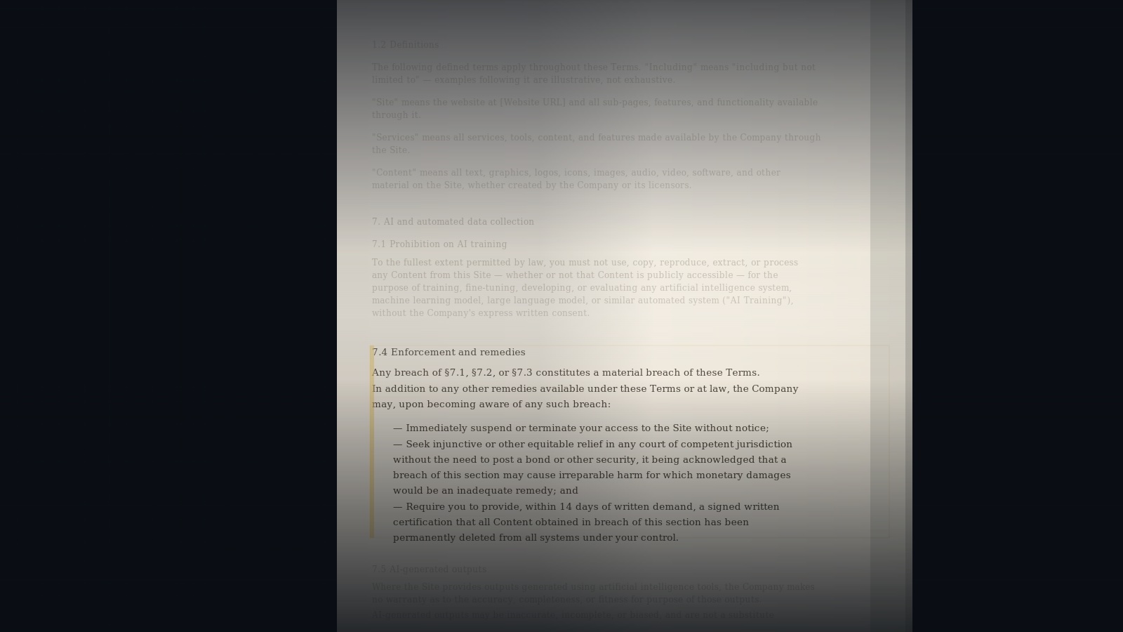 Legal document showing a website terms of use enforcement clause, ITLawCo