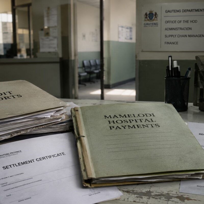Audit Reports and Mamelodi Hospital Payments folders on a government desk alongside a Gauteng Province Settlement Certificate and an overdue PAIA request form, illustrating the Gauteng Department of Health enforcement notice