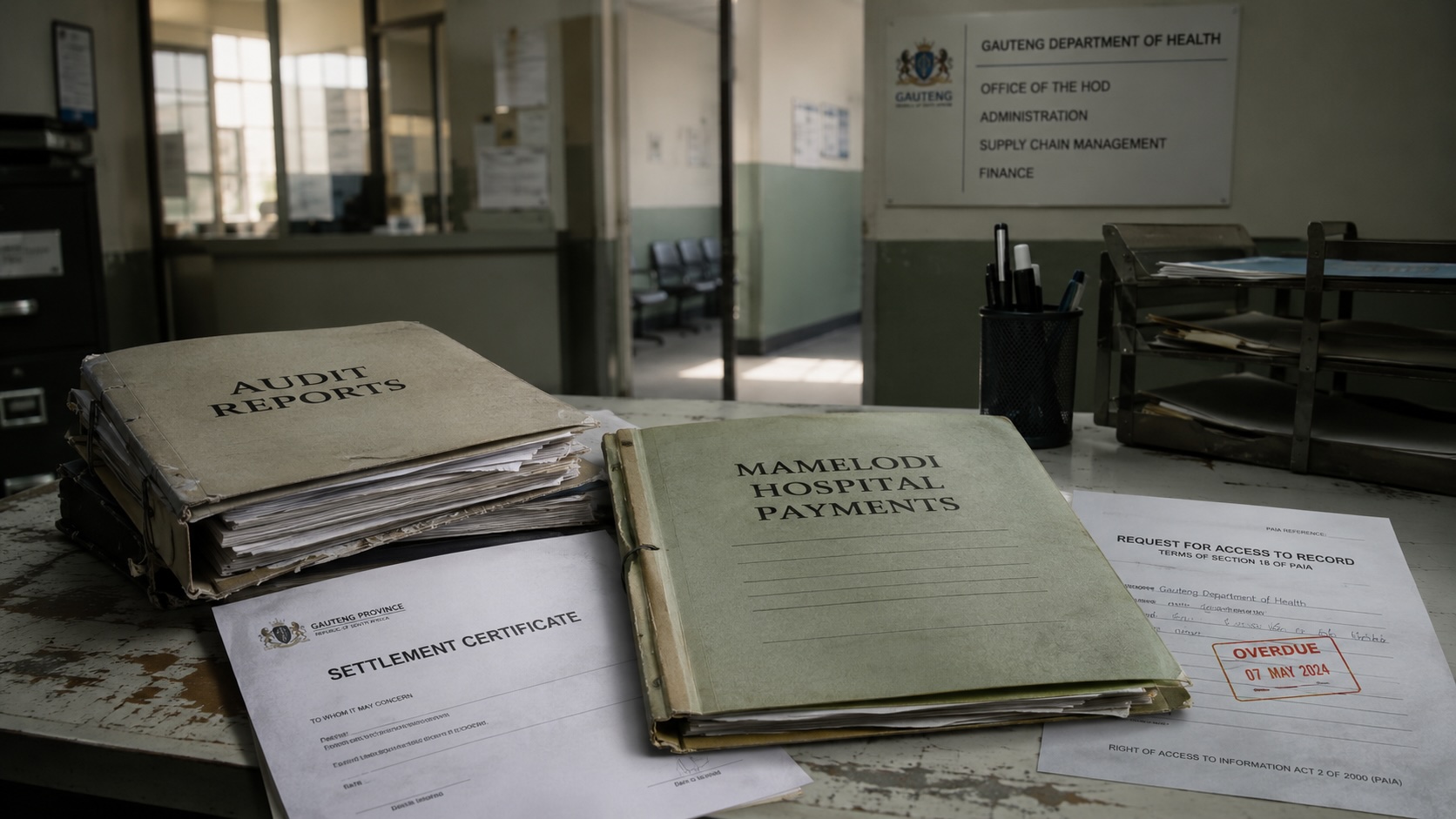 Audit Reports and Mamelodi Hospital Payments folders on a government desk alongside a Gauteng Province Settlement Certificate and an overdue PAIA request form, illustrating the Gauteng Department of Health enforcement notice