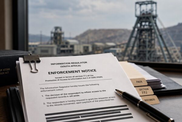 PAIA enforcement notice on a desk with South African platinum mine headgear in the background.