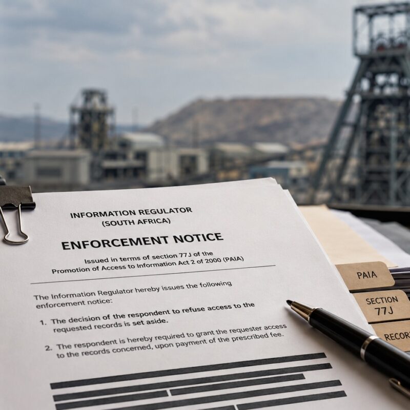 PAIA enforcement notice on a desk with South African platinum mine headgear in the background.
