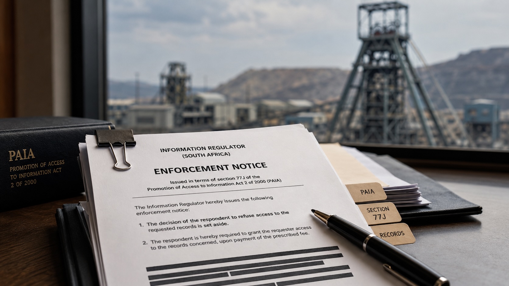 PAIA enforcement notice on a desk with South African platinum mine headgear in the background.