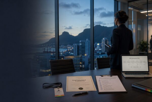 In-house data protection officer reviewing compliance documents in a modern Mauritius office overlooking Port Louis at dusk.